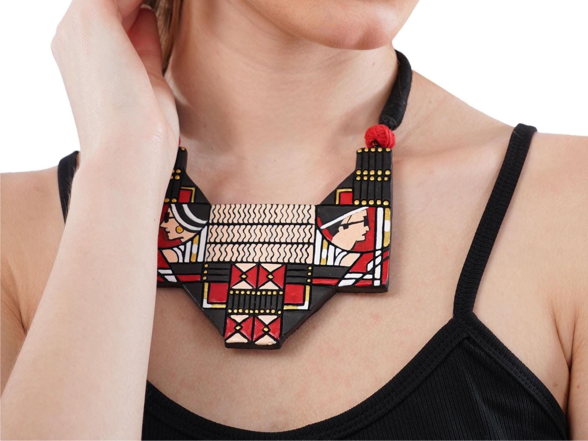 Handmade Terracotta Clay Jewelry Set: Tribal Design Necklace & Earrings