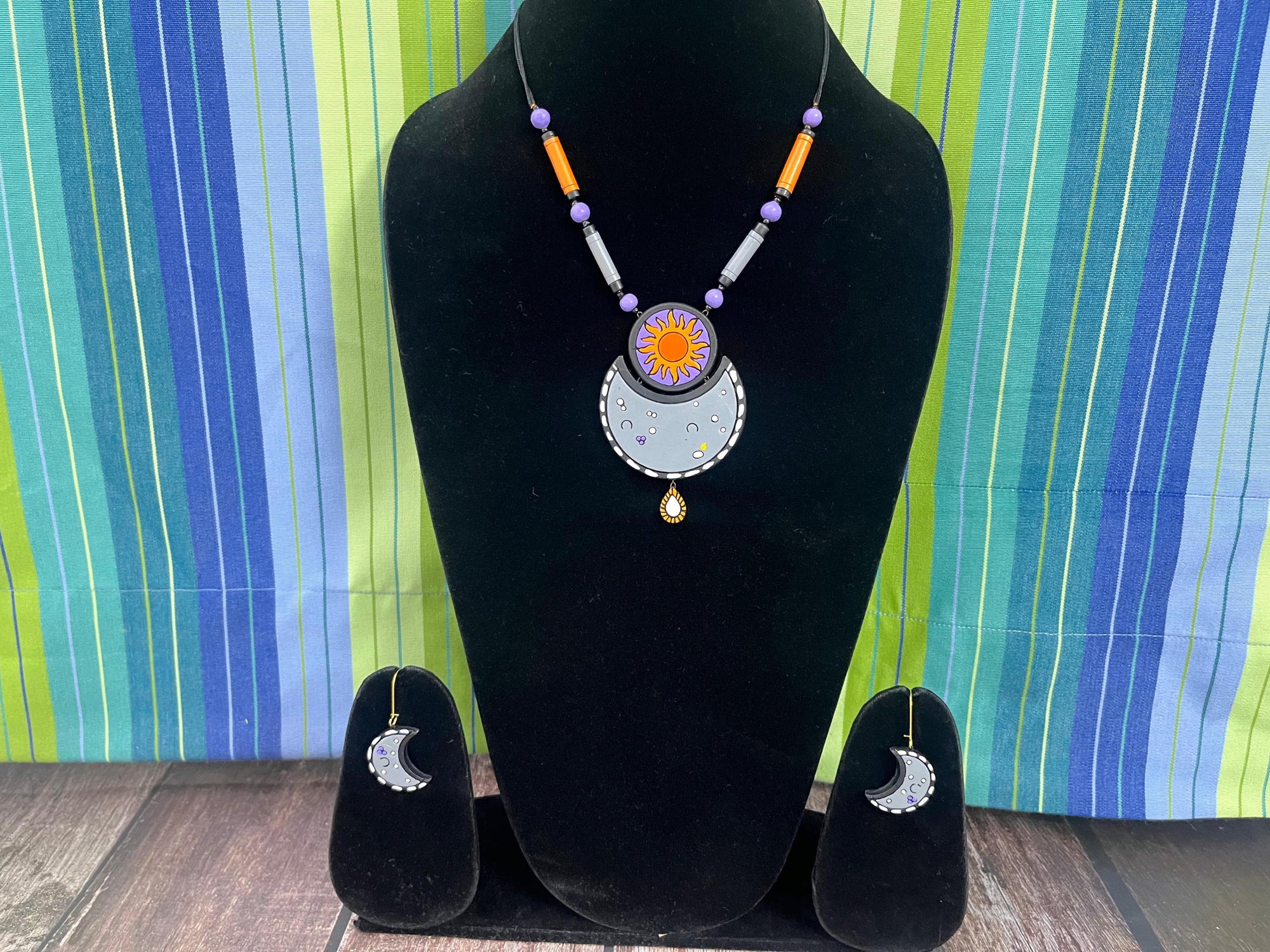Handmade Clay Sun and Moon Jewelry Set: Boho Terracotta Necklace and Earrings