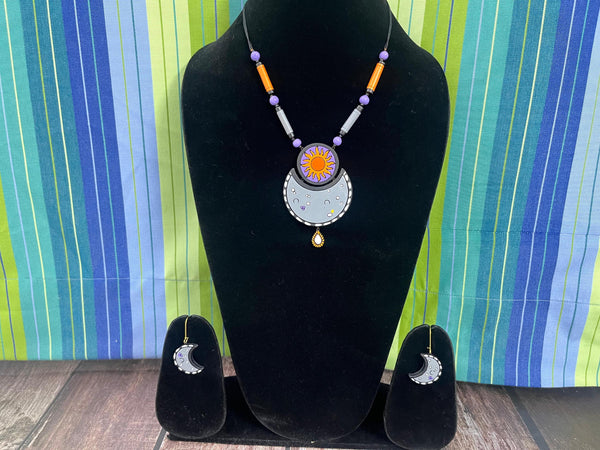 Handmade Clay Sun and Moon Jewelry Set: Boho Terracotta Necklace and Earrings