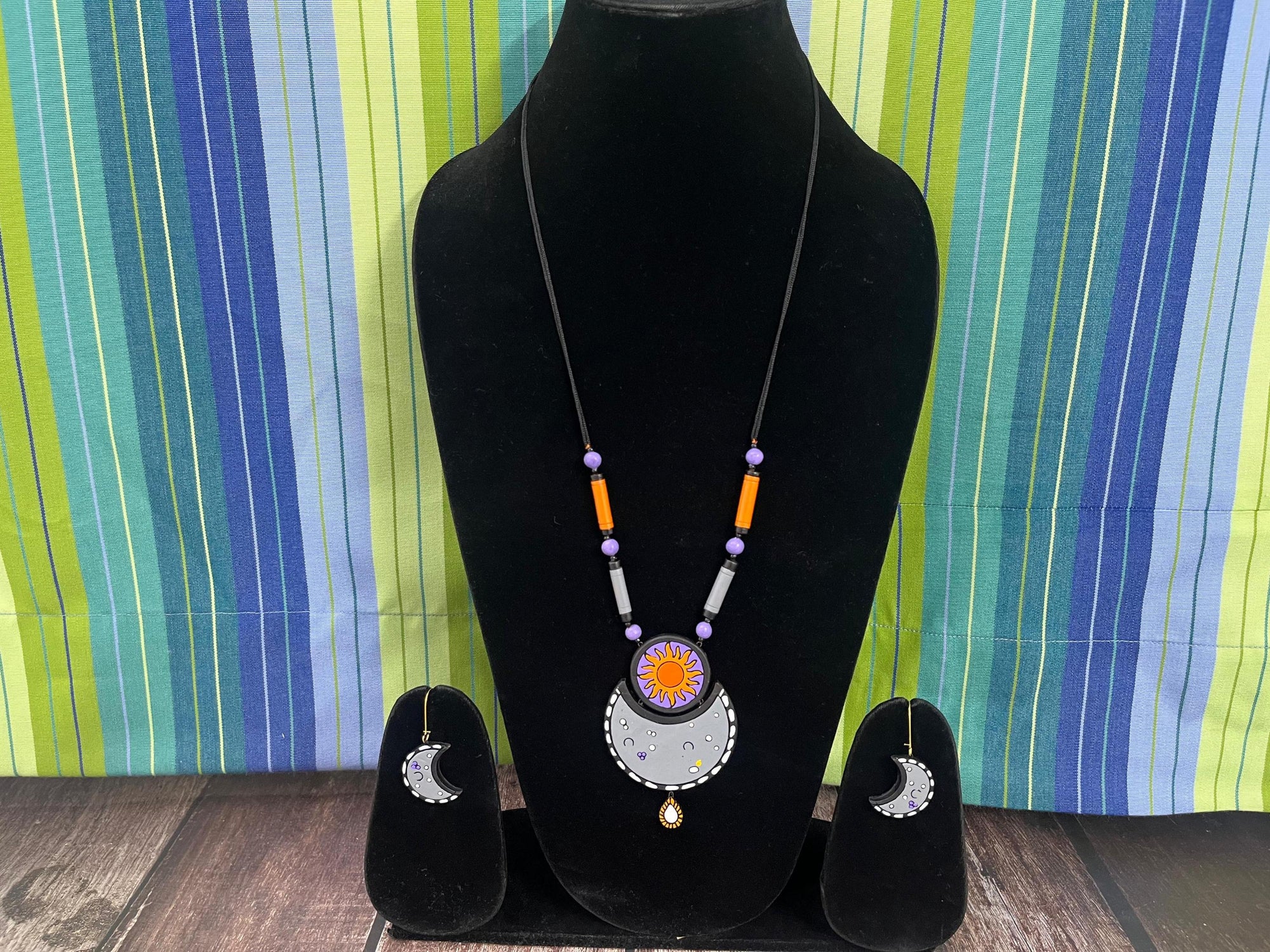 Handmade Clay Sun and Moon Jewelry Set: Boho Terracotta Necklace and Earrings