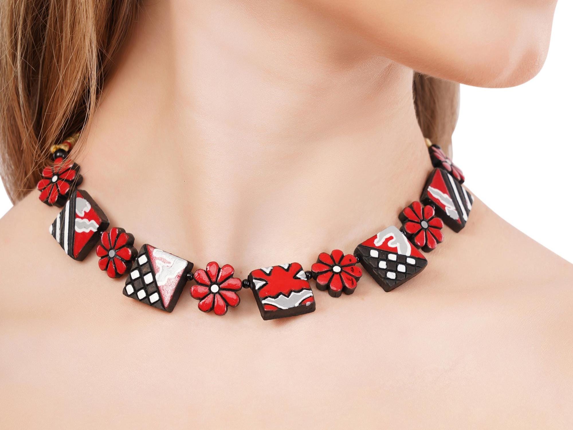 Handmade Terracotta Floral Choker Set: Red, Yellow, Pink