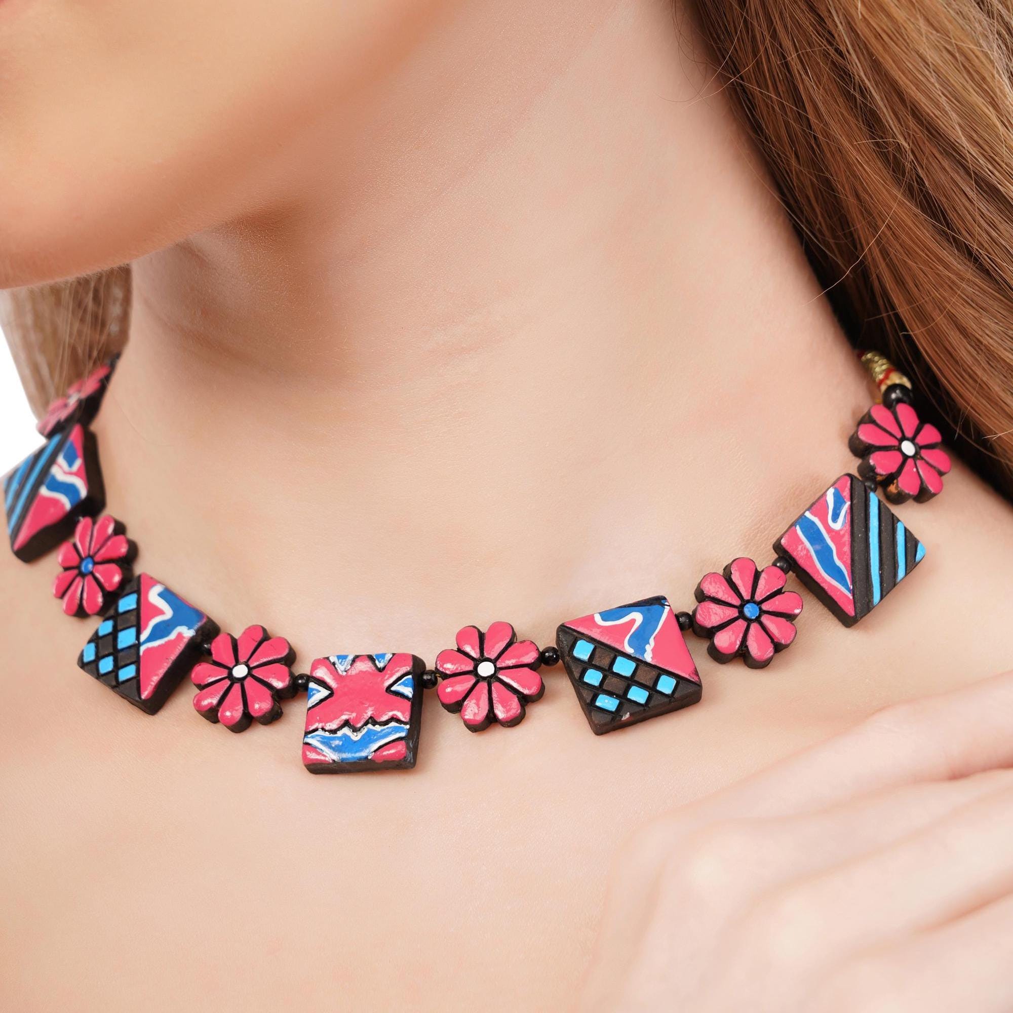 Handmade Terracotta Floral Choker Set: Red, Yellow, Pink
