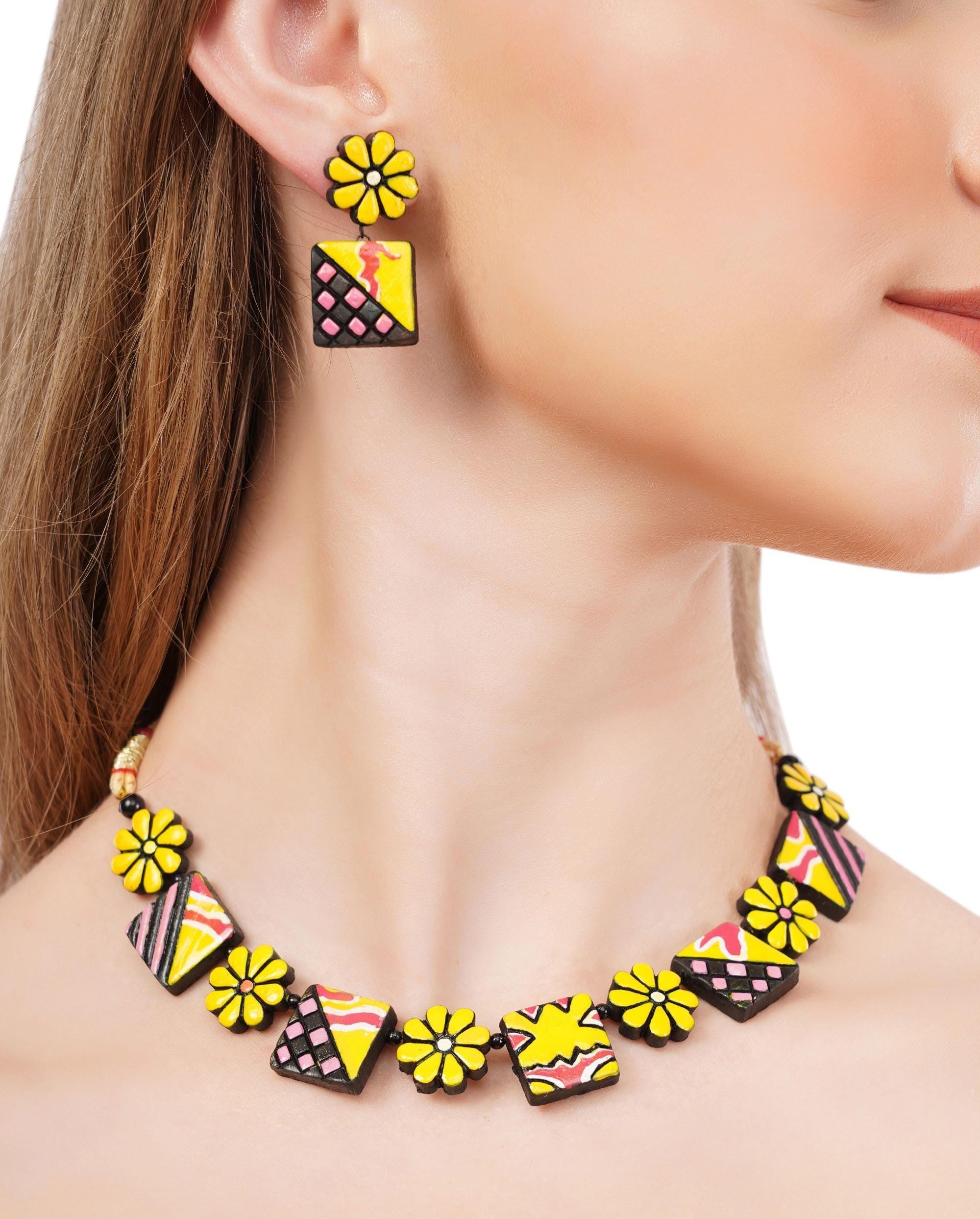 Handmade Terracotta Floral Choker Set: Red, Yellow, Pink