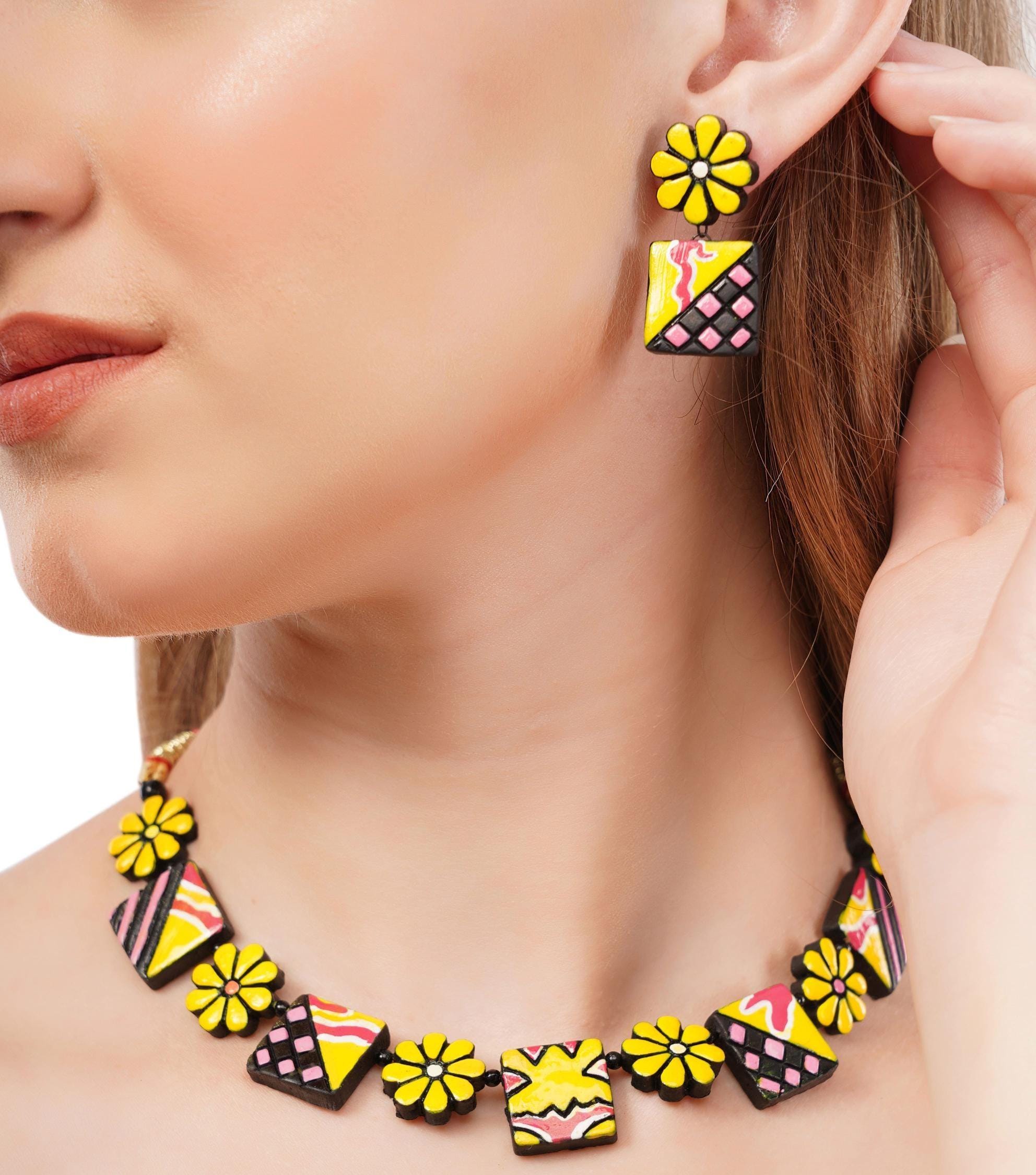Handmade Terracotta Floral Choker Set: Red, Yellow, Pink