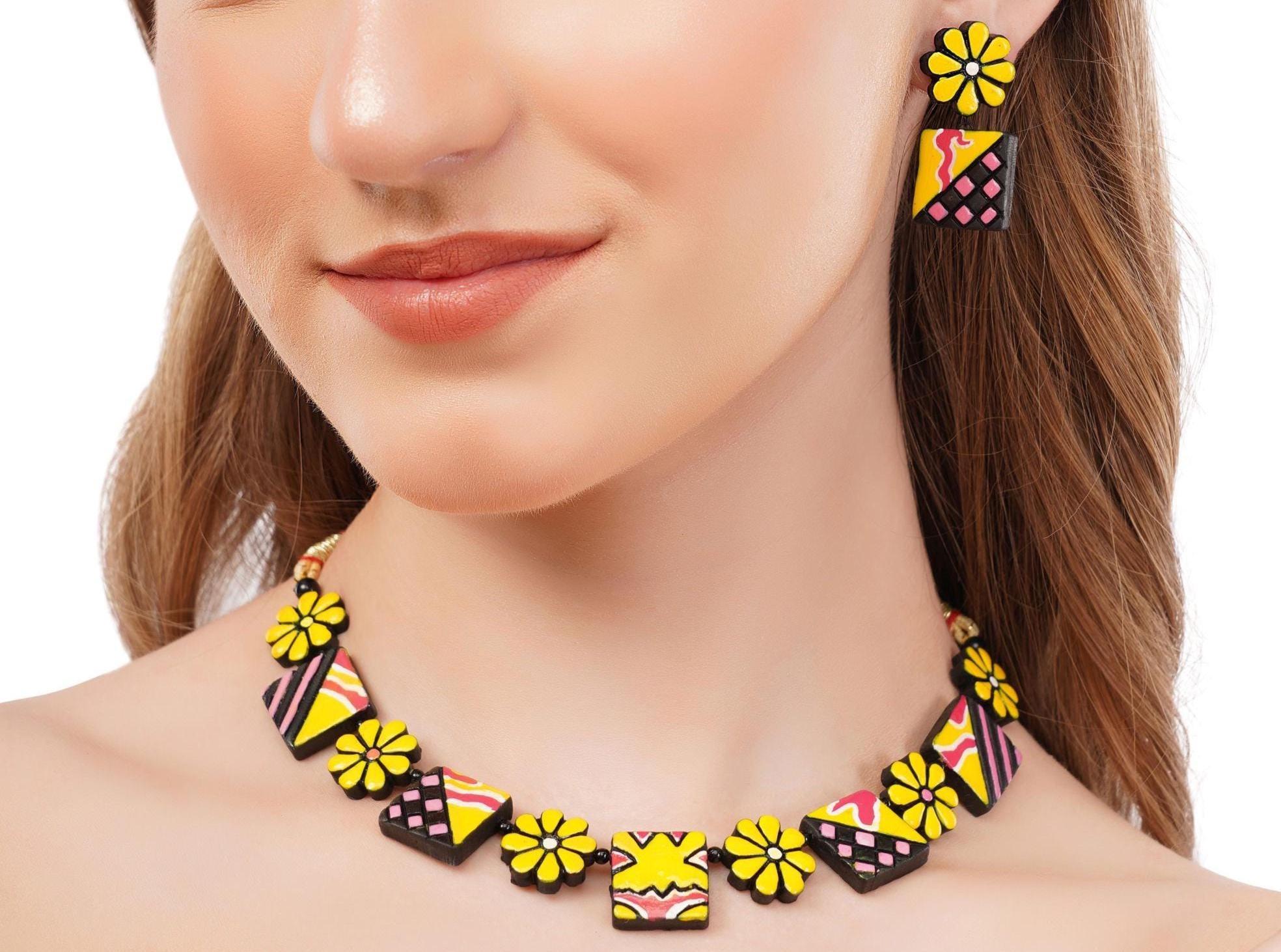 Handmade Terracotta Floral Choker Set: Red, Yellow, Pink