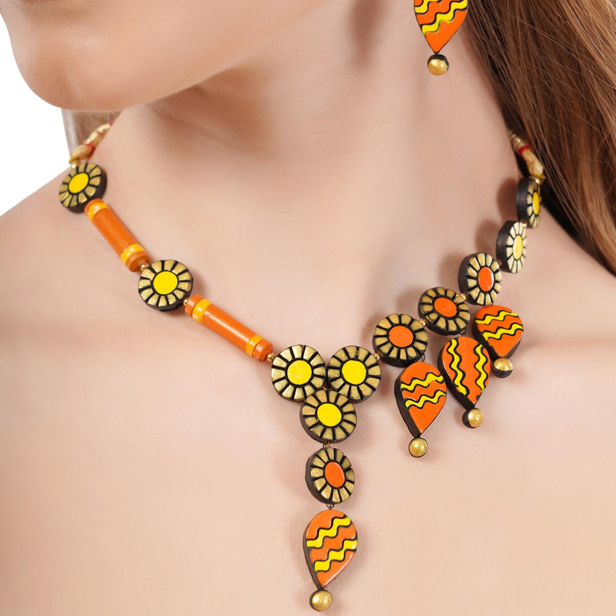Handmade Terracotta Jewelry Set: Dangle Necklace & Earrings