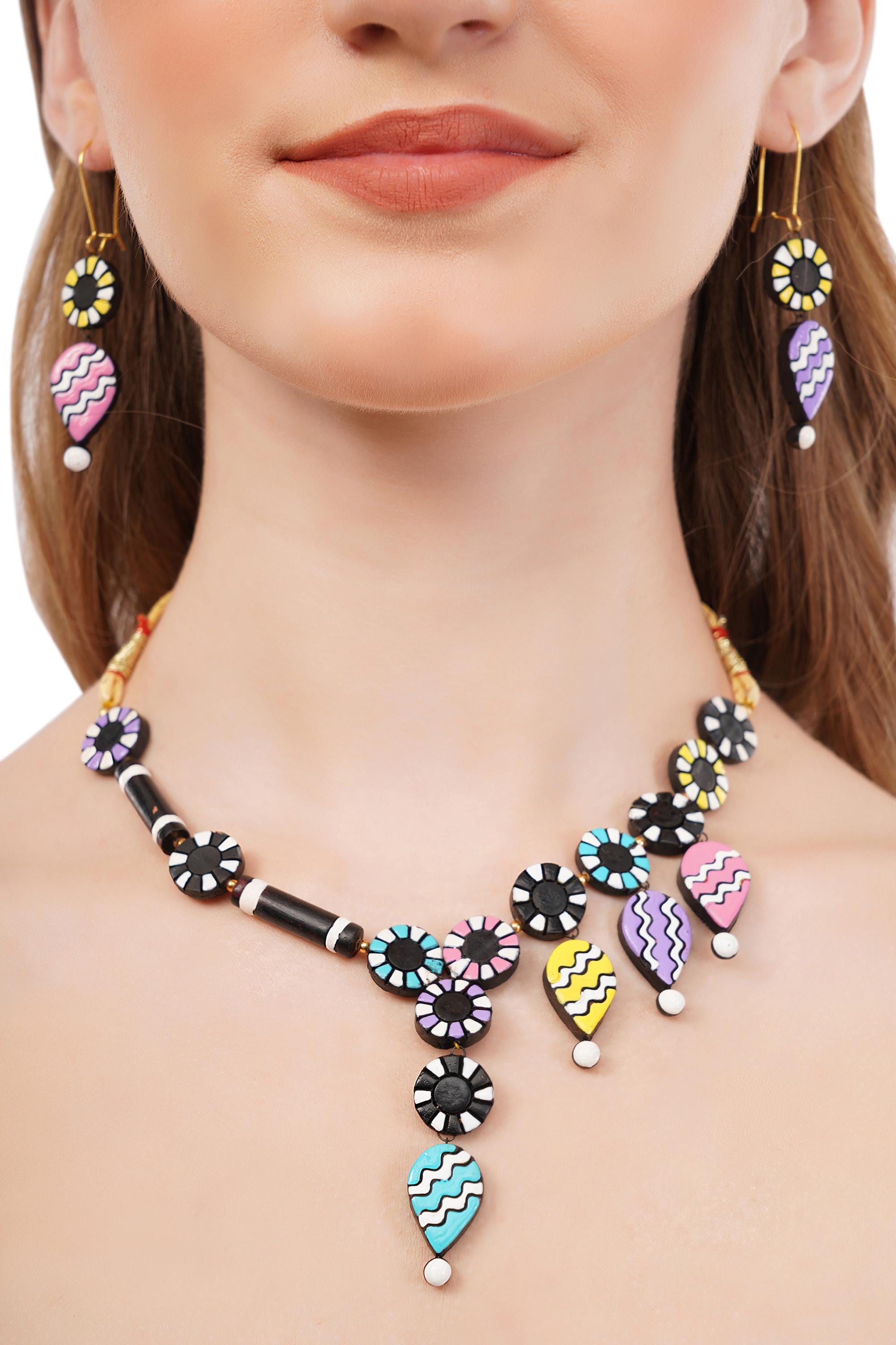 Handmade Terracotta Jewelry Set: Dangle Necklace & Earrings