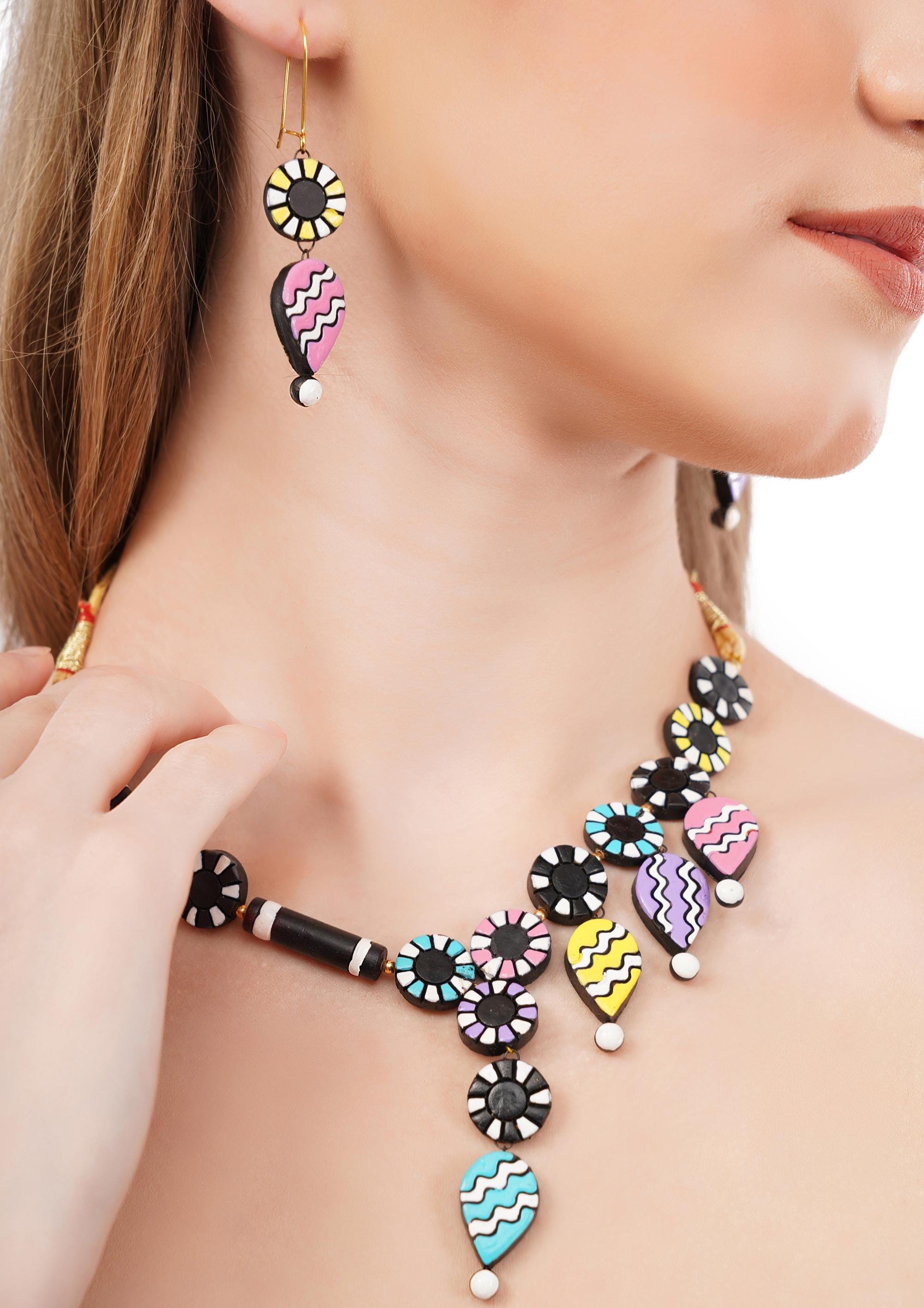 Handmade Terracotta Jewelry Set: Dangle Necklace & Earrings