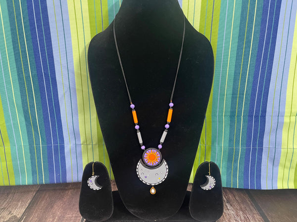 Handmade Clay Sun and Moon Jewelry Set: Boho Terracotta Necklace and Earrings