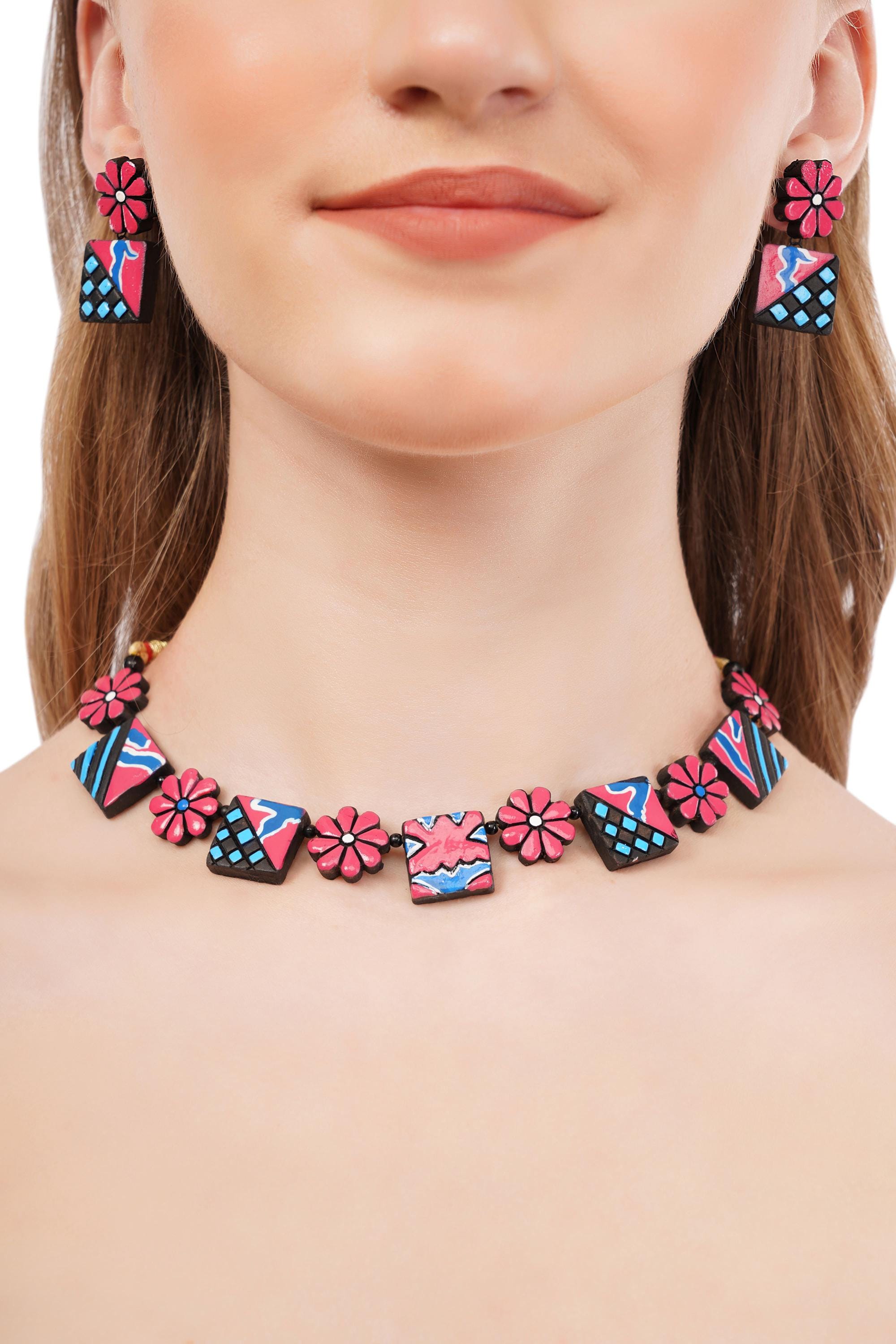 Handmade Terracotta Floral Choker Set: Red, Yellow, Pink