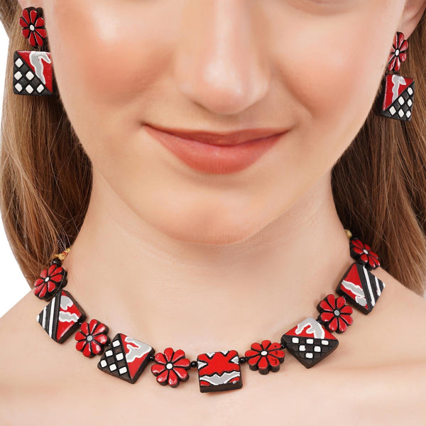 Handmade Terracotta Floral Choker Set: Red, Yellow, Pink