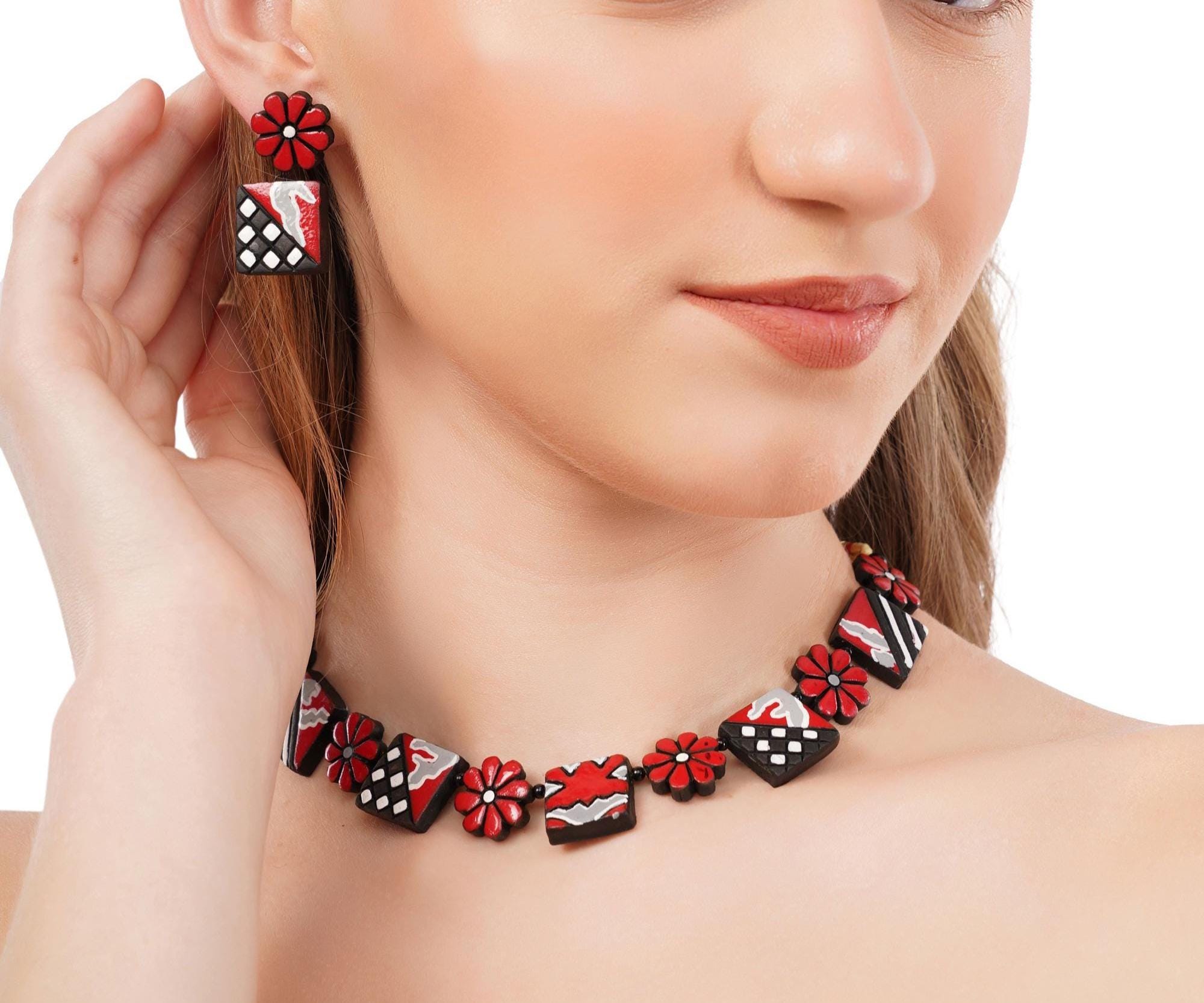 Handmade Terracotta Floral Choker Set: Red, Yellow, Pink