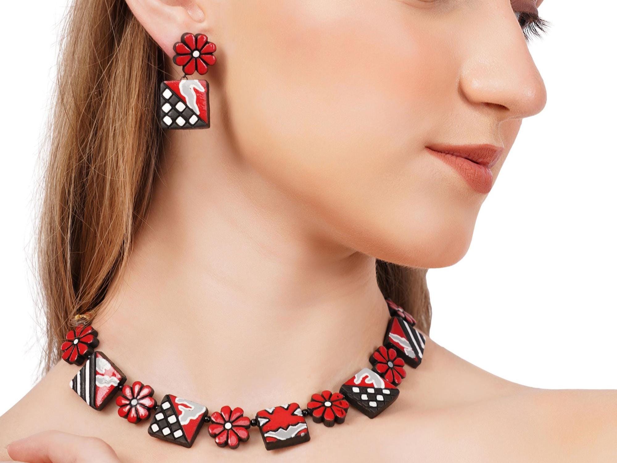 Handmade Terracotta Floral Choker Set: Red, Yellow, Pink