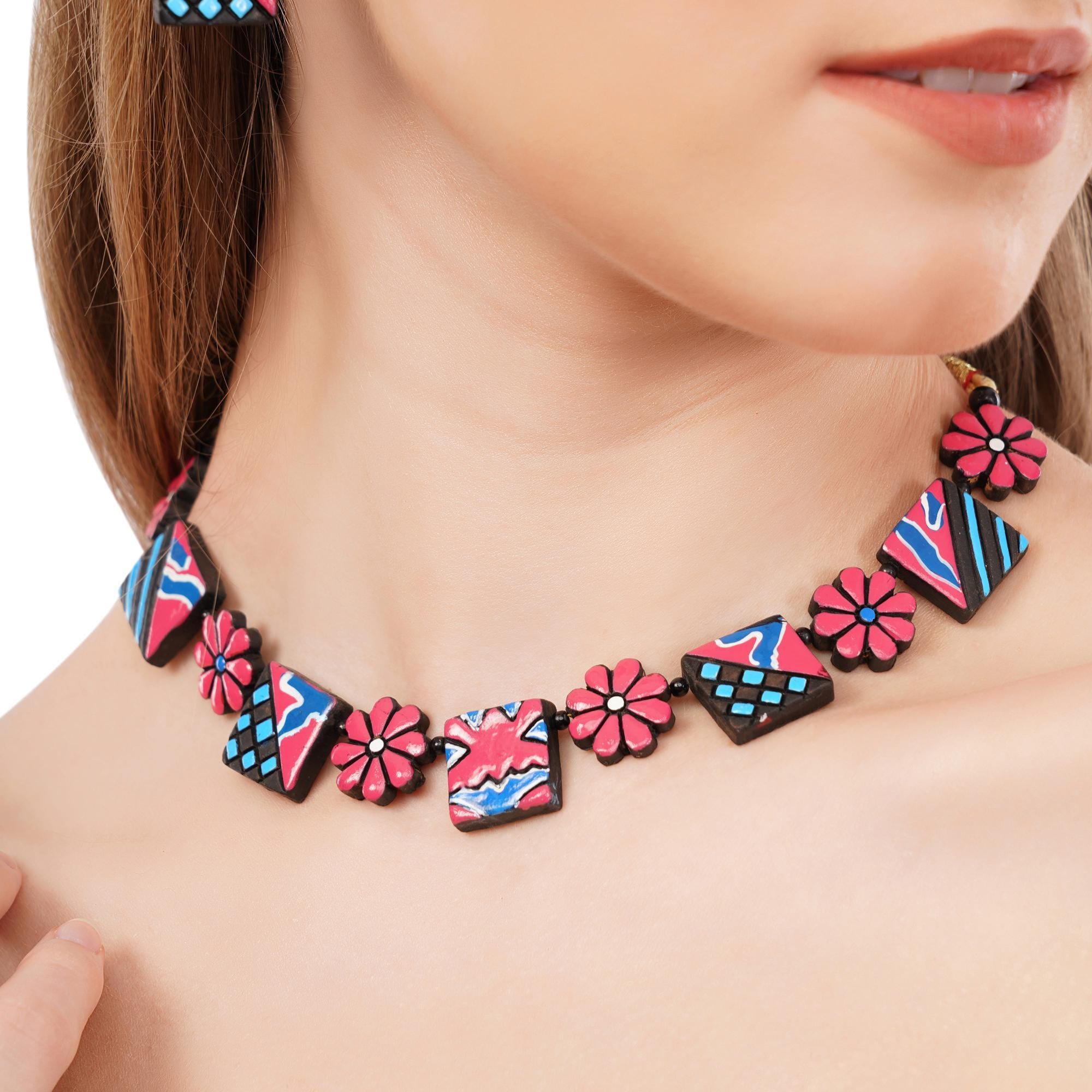Handmade Terracotta Floral Choker Set: Red, Yellow, Pink