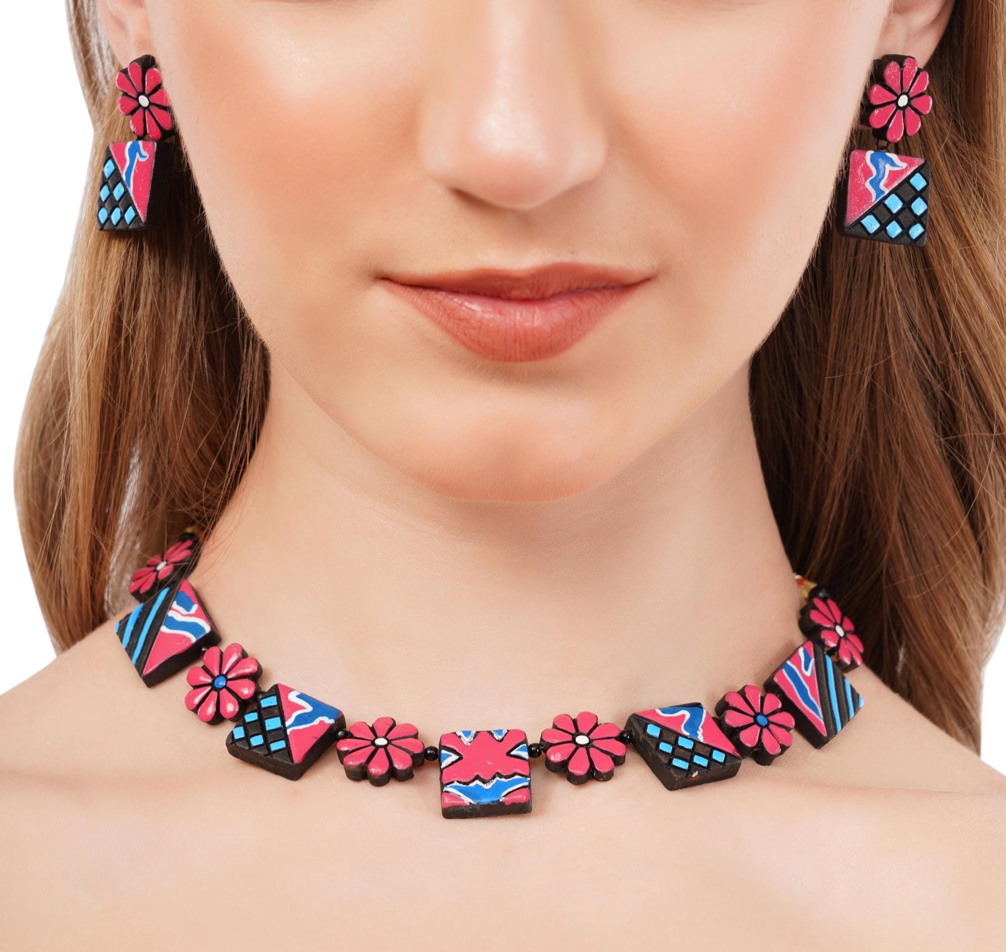Handmade Terracotta Floral Choker Set: Red, Yellow, Pink