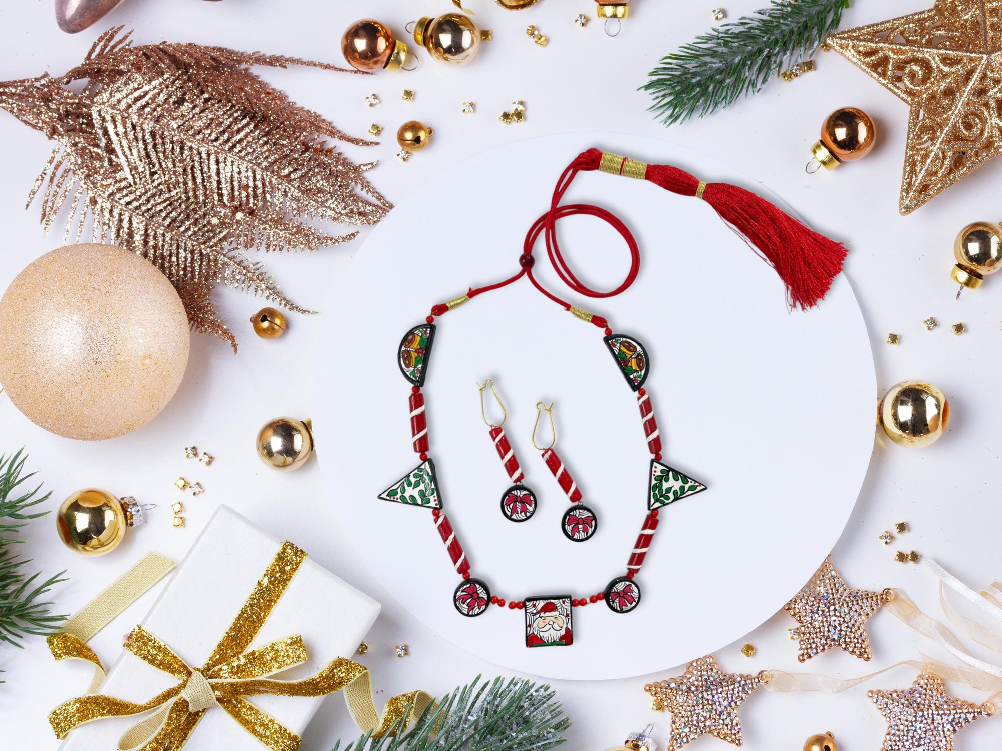Handmade Terracotta Necklace Earring Set: Christmas Red