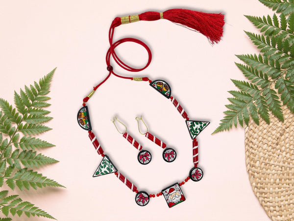 Handmade Terracotta Necklace Earring Set: Christmas Red