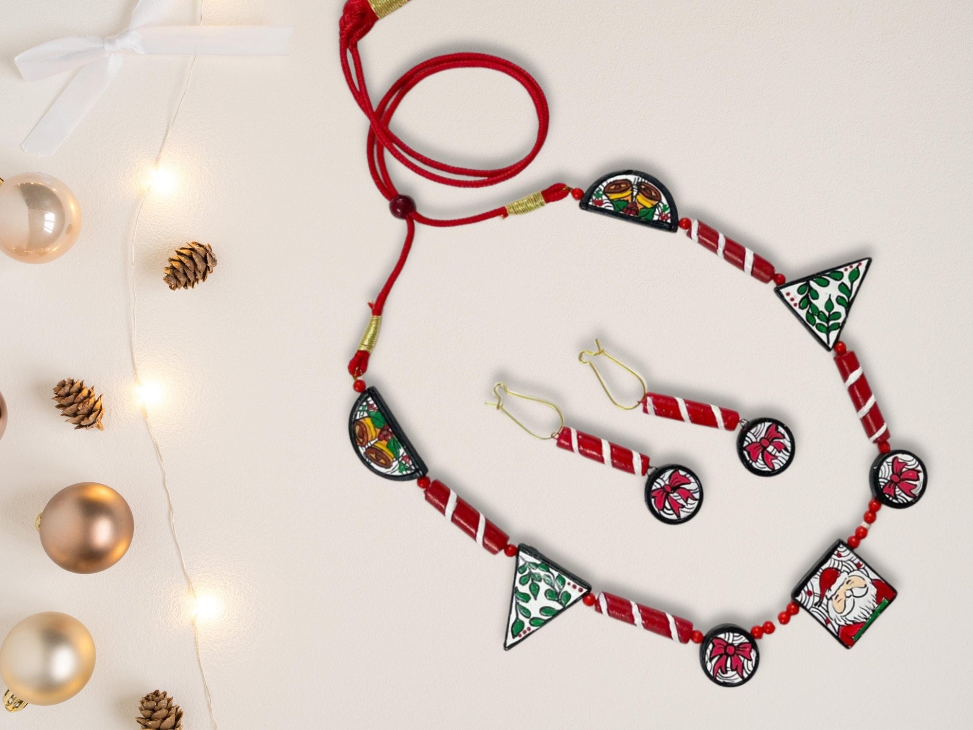 Handmade Terracotta Necklace Earring Set: Christmas Red