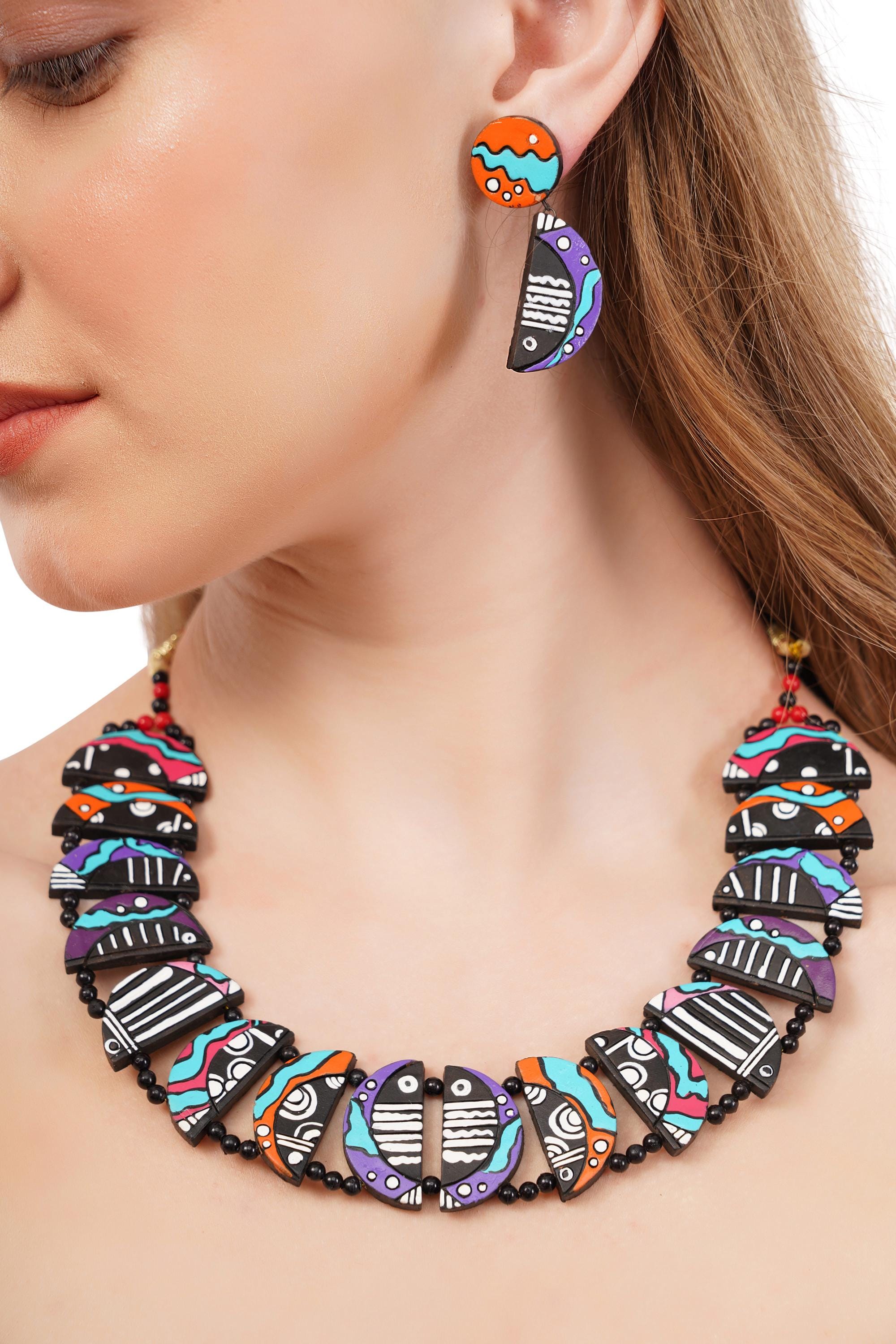 Handmade Clay Crab Necklace & Earring Set: Boho Terracotta Jewelry