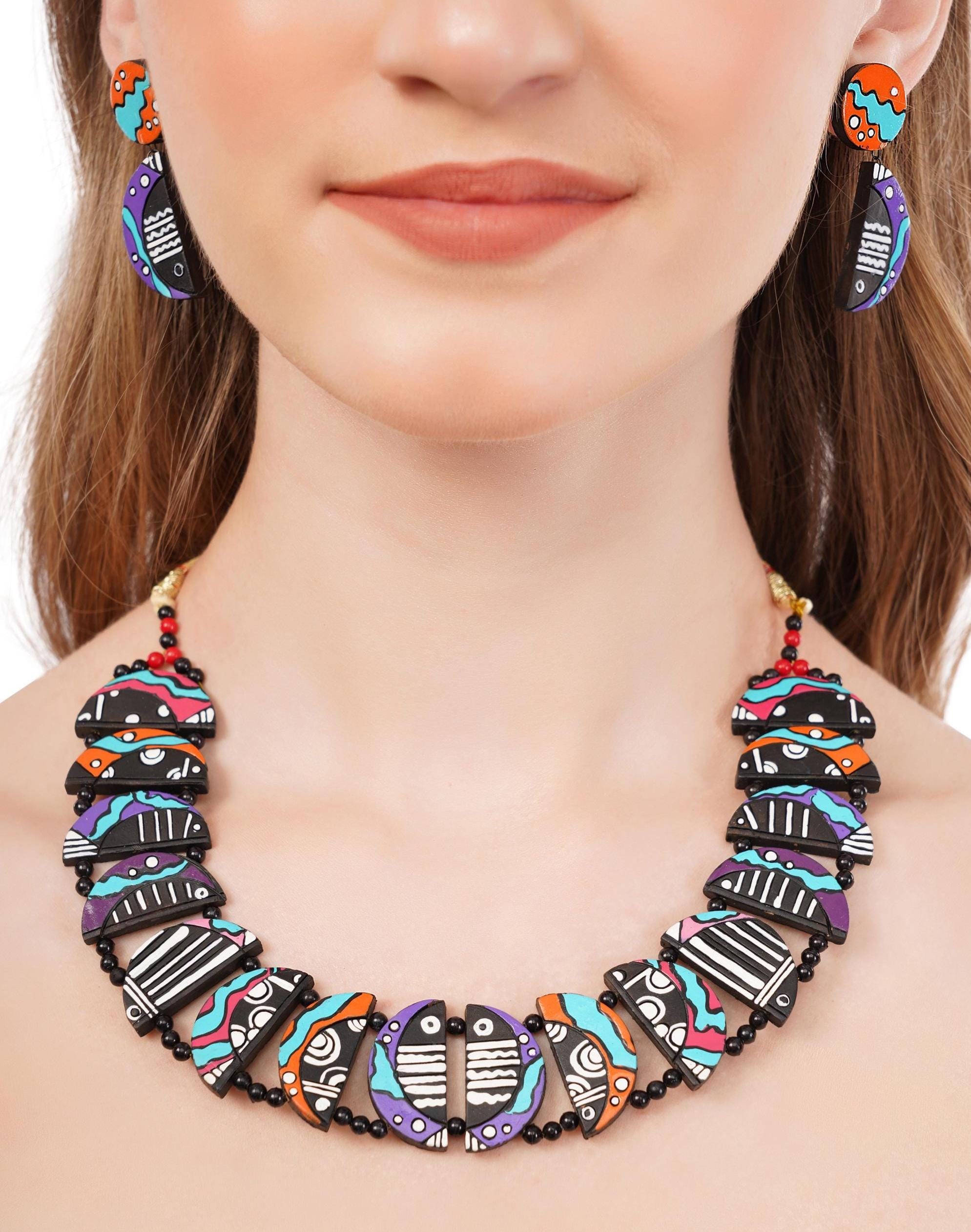 Handmade Clay Crab Necklace & Earring Set: Boho Terracotta Jewelry