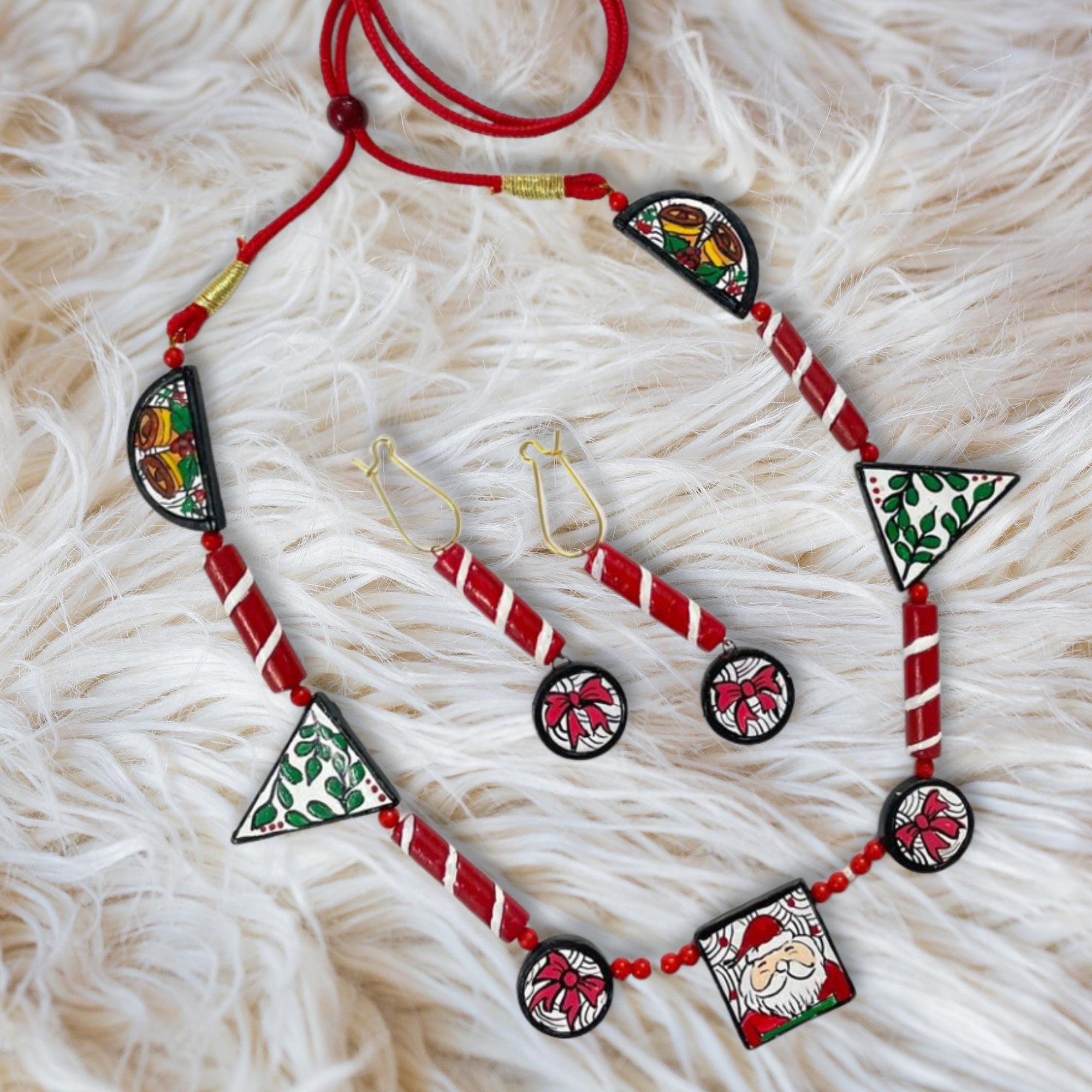 Handmade Terracotta Necklace Earring Set: Christmas Red