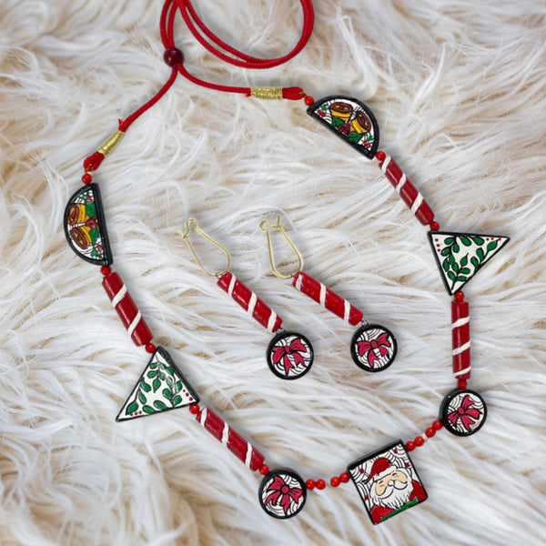Handmade Terracotta Necklace Earring Set: Christmas Red