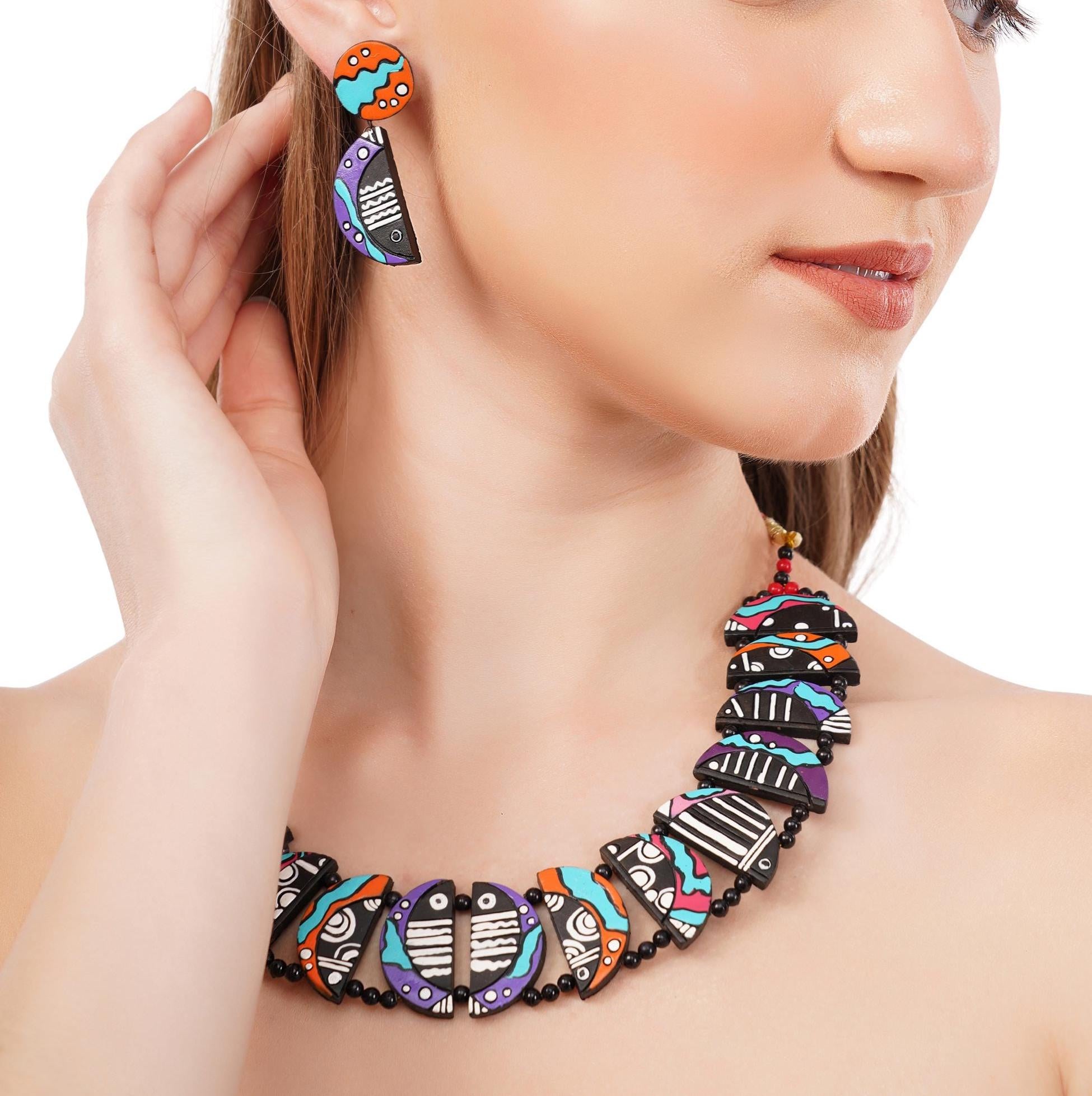Handmade Clay Crab Necklace & Earring Set: Boho Terracotta Jewelry