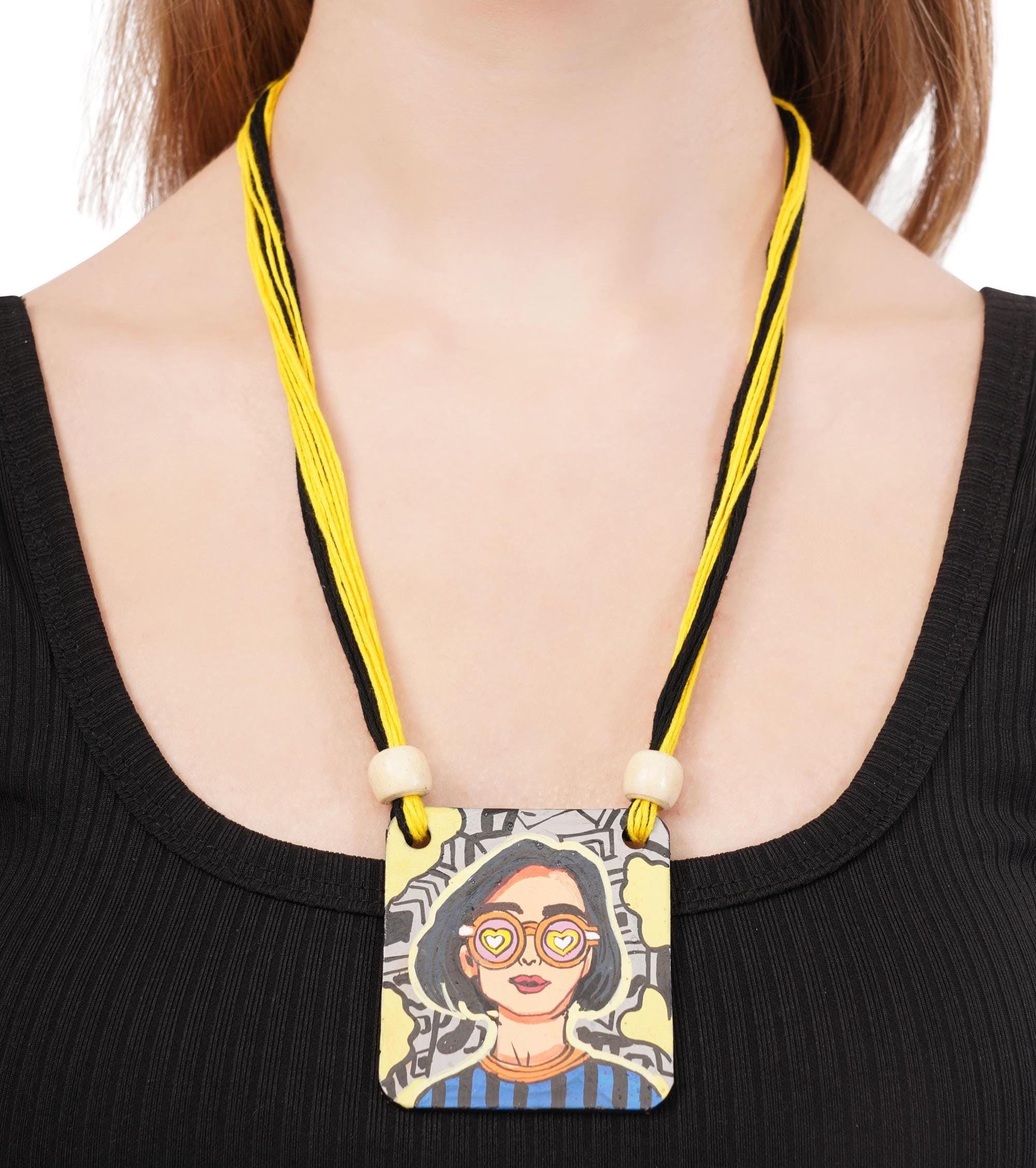 Handmade Clay Jewelry Set: Retro Girl Pendant Necklace, Terracotta Earrings