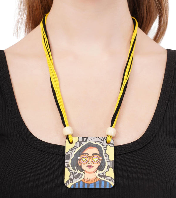 Handmade Clay Jewelry Set: Retro Girl Pendant Necklace, Terracotta Earrings