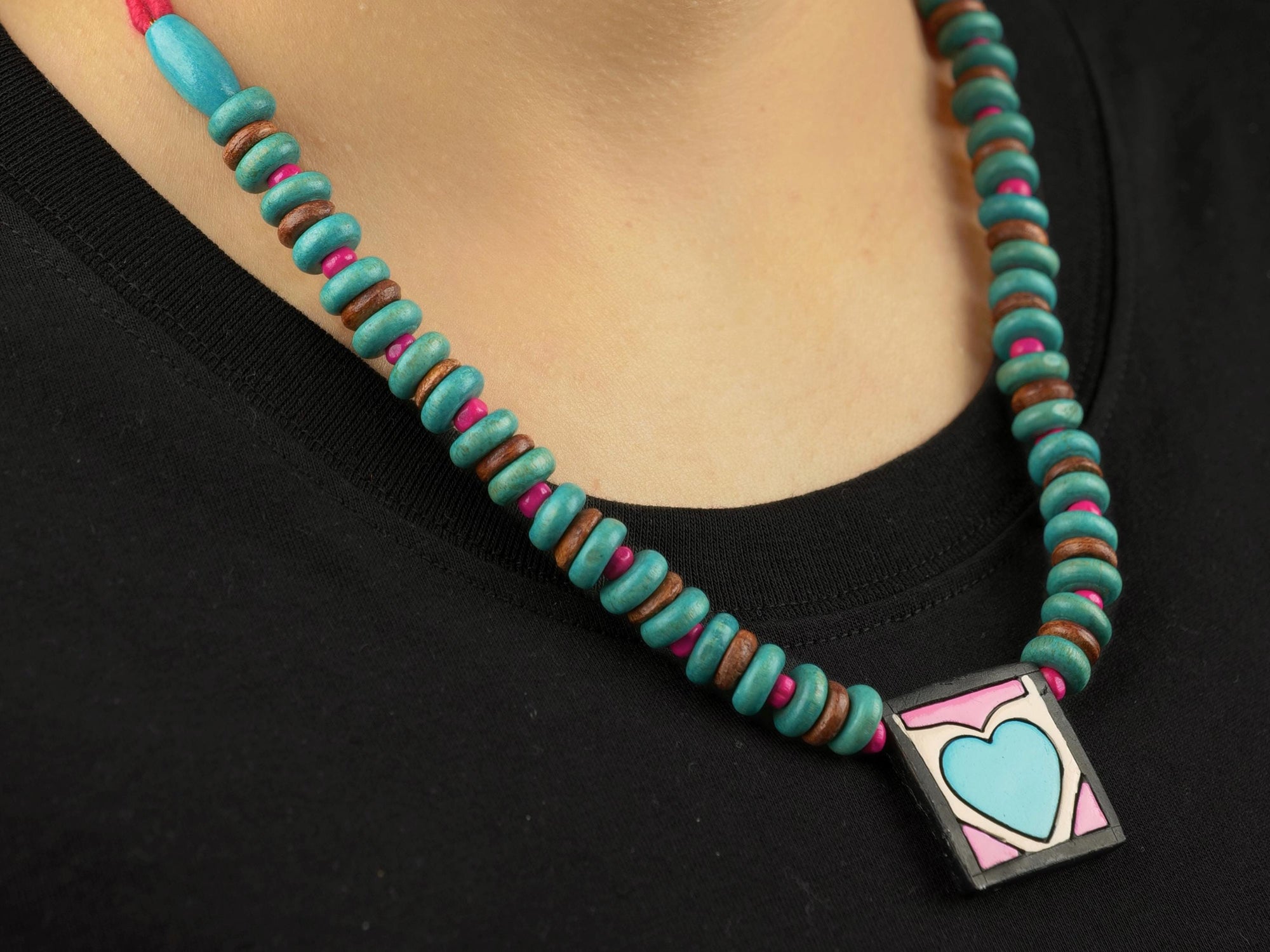 Heart Pendant with Green Wooden Beads