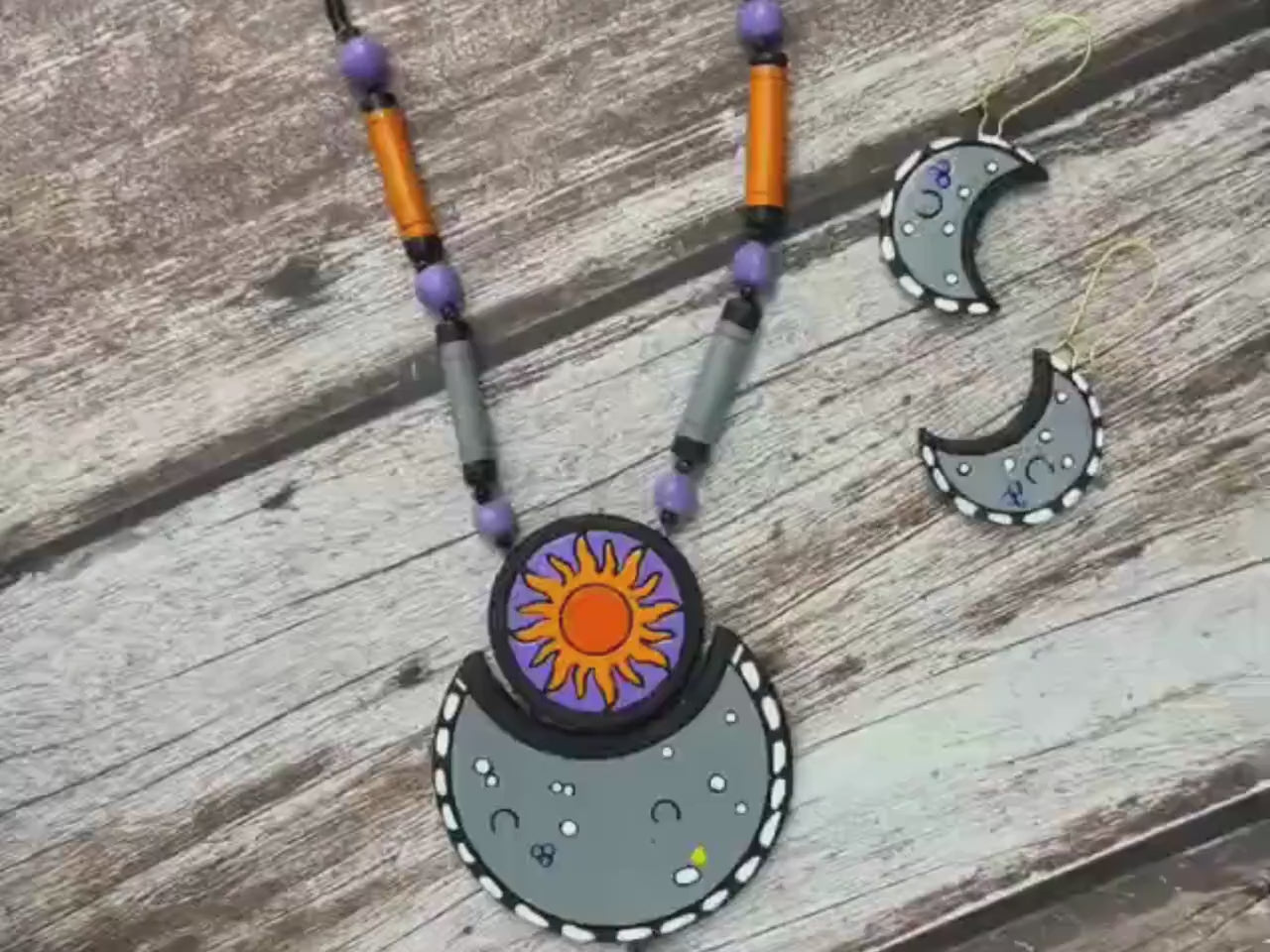 Handmade Clay Sun and Moon Jewelry Set: Boho Terracotta Necklace and Earrings