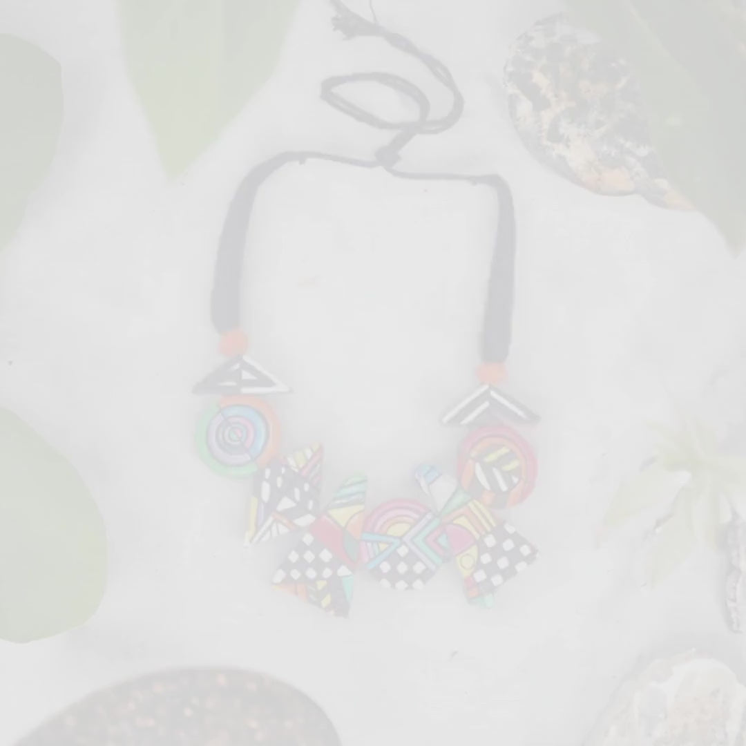 Handmade Terracotta Clay Jewelry Set: Tribal Design Necklace & Earrings