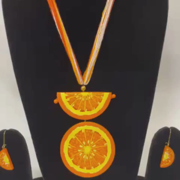 Handmade Terracotta Mandarin Orange Jewelry Set: Clay Pendant Necklace & Earrings