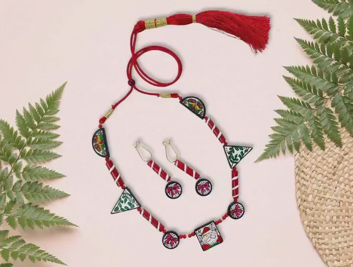 Handmade Terracotta Necklace Earring Set: Christmas Red