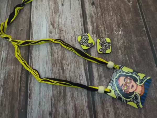 Handmade Clay Jewelry Set: Retro Girl Pendant Necklace, Terracotta Earrings