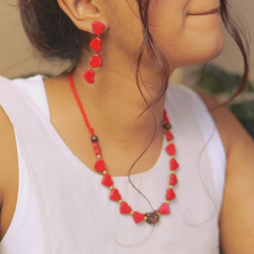 Crimson red heart clay necklace and earrings set – video
